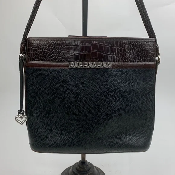 Vintage Brighton Leather braided Double strap shoulder bag black Brown Silver - Picture 1 of 17